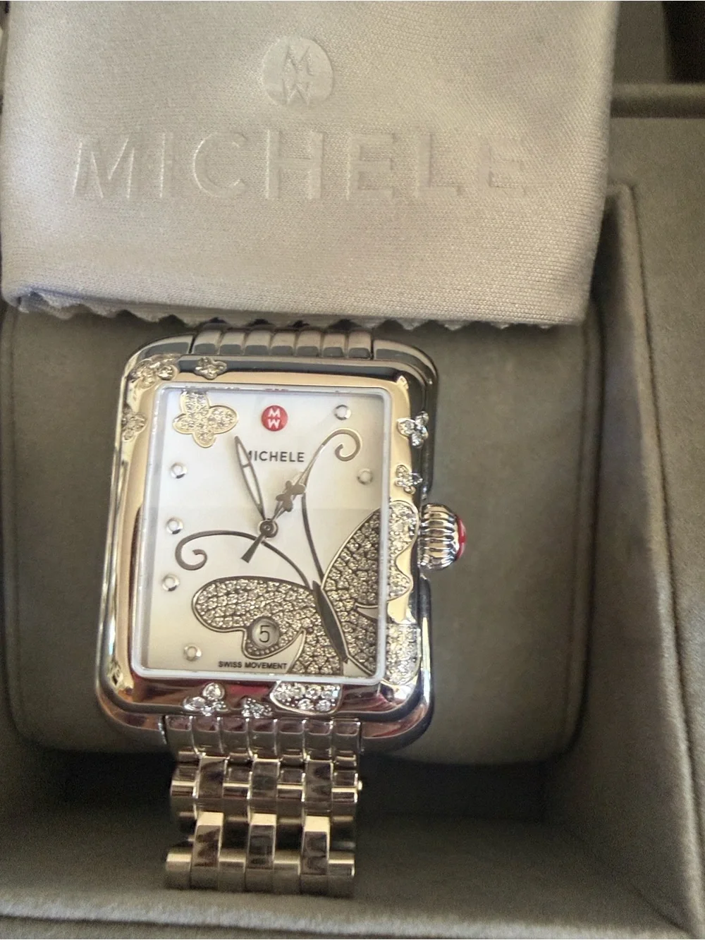 Michele Silver Stainless Steel Butterfly Diamond Accent Watch - White Dial